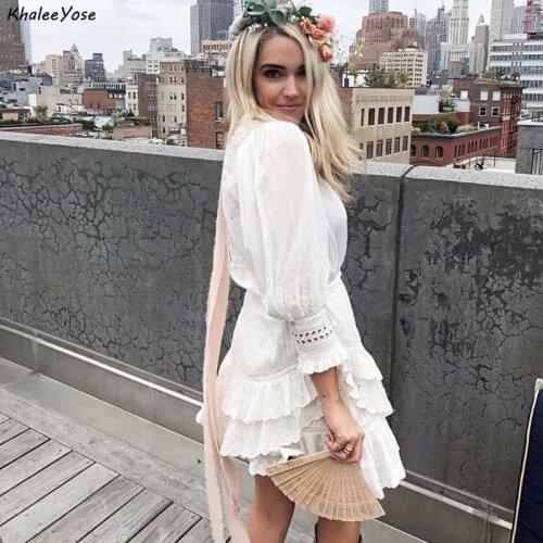 KHALEE YOSE White Lace Embroidery Mini Dress 100% Cotton Autumn Mermaid Dress Ruffles Vintage Sexy Holiday Casual Chic Dresses