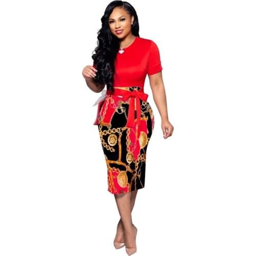 Womens fashion casual printed zipper short-sleeved tight dress Hip dress One-piece dress
