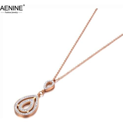 AENINE Stainless Steel Water Drop CZ Crystal Charm Pendant Necklaces Trendy Rose Gold Choker Necklace For Women AN20120