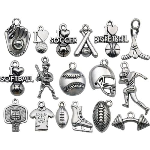 50pcs Ball Game Sports Charms Mixed Smooth Metal Charms Pendants DIY for Jewelry Making Necklace Bracelet and Crafting