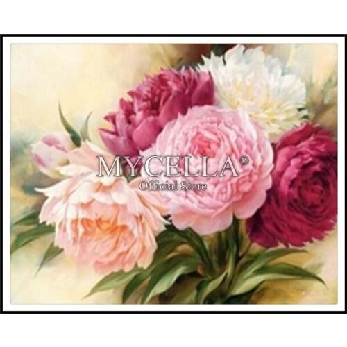 5D DIY Diamond Painting Peony Flowers Cross Stitch Diamond Embroidery Full Round Rhinestone Needlework Mosaic Crafts Home Decor