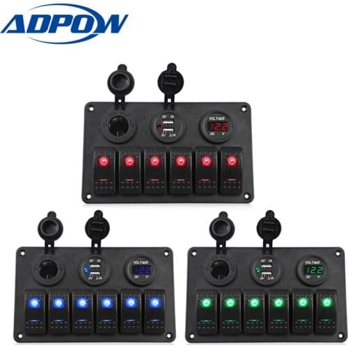 ADPOW Car Switch Panel Dual USB Car Charger 12V Voltmeter 6 Gang Auto Boat Marine Cigarette Lighter Led Rocker Switch Panel
