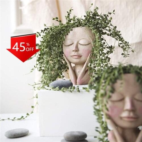 Face Flower Pot Head Planter Pot Succulent Planter Cute Resin Cactus Planter with Drainage Hole Closed Eyes