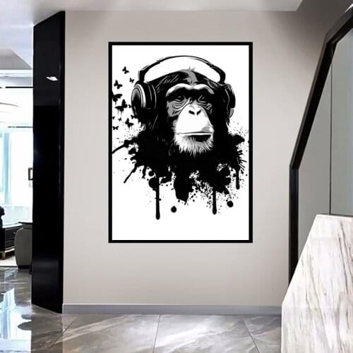 Graffiti Animal Monkey Headphone Canvas Art Decorative Paintings Posters and Prints Wall Art Pictures for Living Room Decor