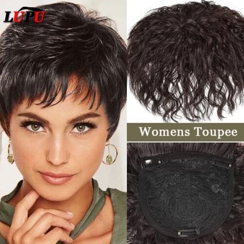 LUPU Black Brown Toupee Topper Hairpiece Synthetic Heat Resistant Clip In Curly Bangs Hair Extensions Fake Hair For Women