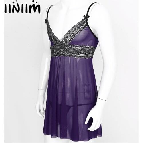 Mens Male Sissy Babydolls Sheer Lace Mesh Lingerie Costumes Sissy Lingerie Sets Lace Trim Chemise Babydoll Sleepwear