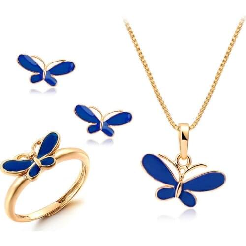 Cute Blue Butterfly Jewelry Sets For Girls Baby Kids Yellow Gold Color Pendant Necklace Stud Earrings Ring Anti-Allergic 16"