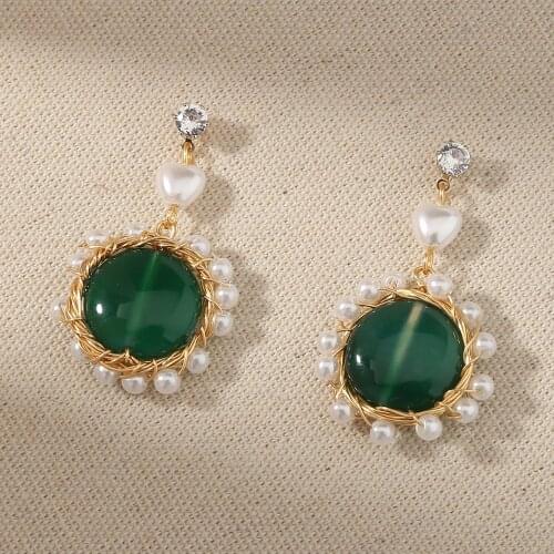 Fashion Women Pearl Round Green Natural Stone Dangle Earrings