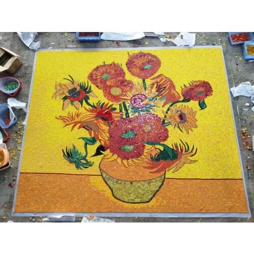 Custom Mosaic Mural Van Gogh Sunflower Glimmer Glass Luxury Wall Tile Living Room Bathroom Hotel Entrance Hall Study Room