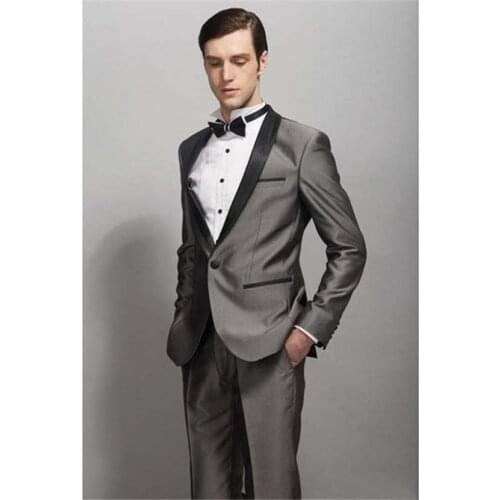 New Fashion One Button Shiny Gray Groom Tuxedos Groomsmen Shawl Lapel Mens Suits Blazers (Jacket+Pants+Tie) W:823