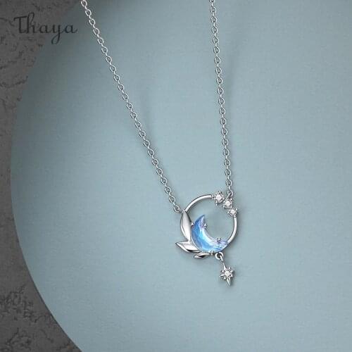 Thaya Design 45cm Moon night Necklace Pendant Crystal Zircon Silver Light Blue Necklace For Women Elegant Fine Jewelry Gift