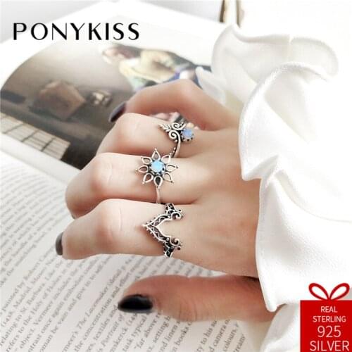 PONYKISS Vintage 100% 925 Thai Silver Opening Adjustable Palace Ring Fine Jewelry Women Creative Wedding Party Gift