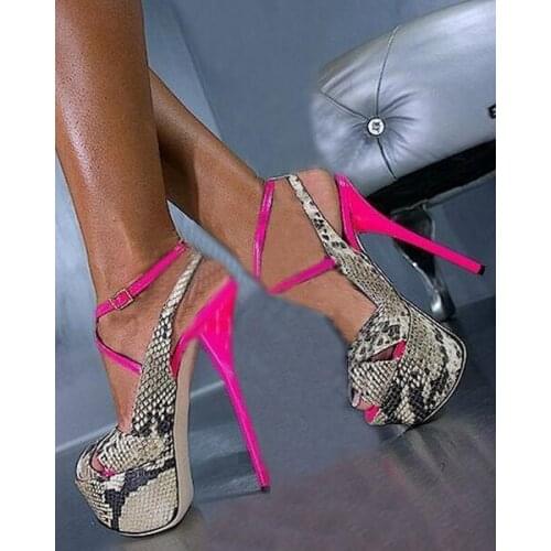 Sexy Women Sandals Snake Leather High Platform Sandals Ankle Strap Cross High Heel Pumps Pink Heels Formal Dress Shoes