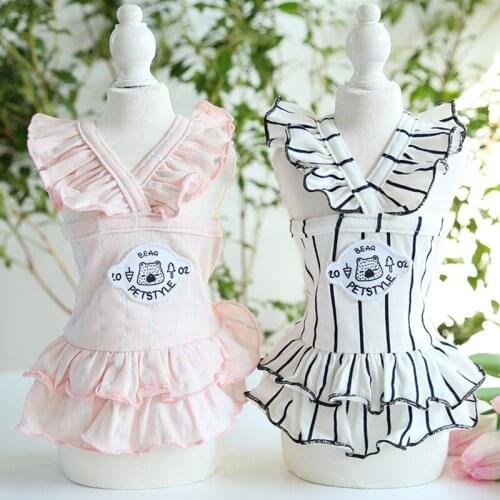 Puppy Dog Pink White Stripe Dresses For Small Cute Dogs Sling Skirts Clothes Pure Cotton Pet Clothes Outfits Chihuahua Poodle