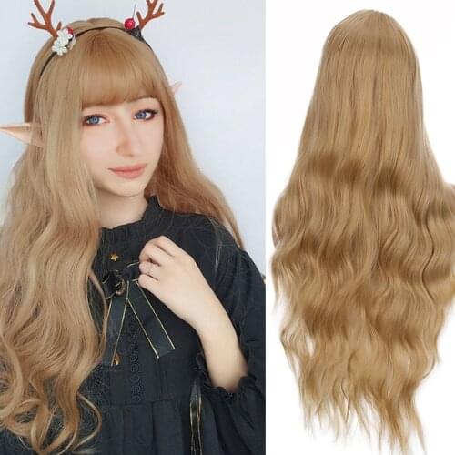 Allaosify Synthetic Long Curly Cosplay Lolita Wig with Bangs Pink Black Blonde Gray Blue Multiple Colors Wave Wig for Women