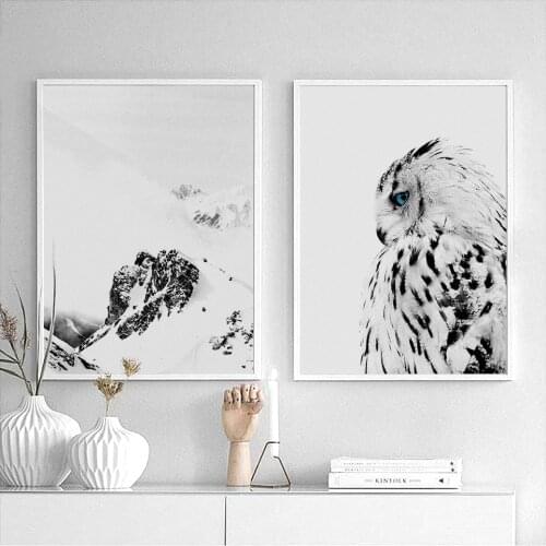 Scandinavian Canvas Poster Beautiful Bird Cuadros White Owl Print Nordic Mountain Wall Art Pictures For Living Room Decoration