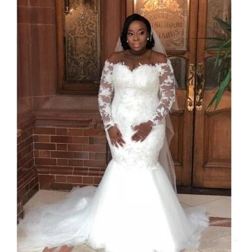 African Mermaid Lace Wedding Dresses 2021 Vestido De Noiva Women Bridal Wedding Gowns Long Sleeve Bow Back Button Sheer Bride