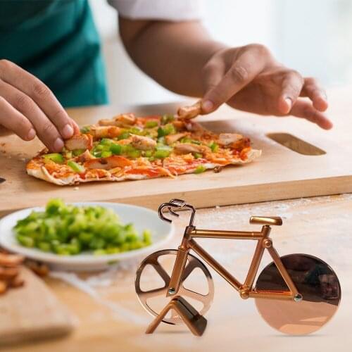 Bicycle Pizza Cutter 2 Wheels Stainless Steel Bike Shaped Roller Cake Pastry Cutting Knives Kitchen Gadget Decor Fixed Support