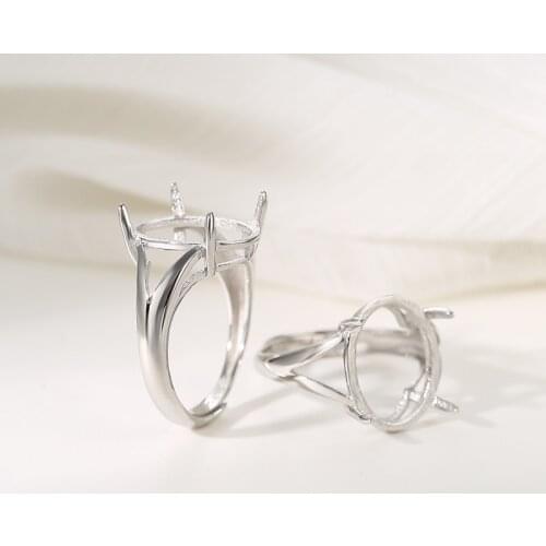 Ring Blank for 5x7mm/6x8mm/7x9mm/8x10mm/9x11mm/10x12mm/12x16mm Oval Cabochons White Gold Plated 925 Silver Adjustable Band