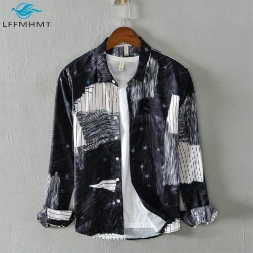 New Arrival Striped Patchwork Print Tops Long Sleeve Lapel Japan Style Unique Design Casual Loose Shirts Male Beach Holiday Tops