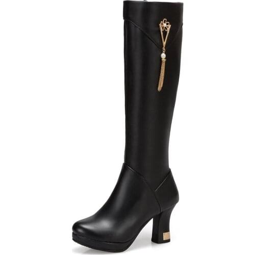 Womens Boots With Metal Fringe And Pearl Decoration Metal Floral Side Zipper Square Heel PU Knee-Length Boots Short Fleece Shoe