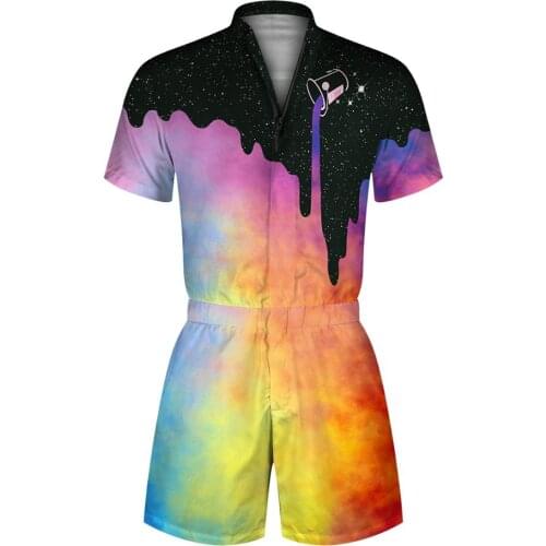 Women Men Oil Print Zipper Romper Playsuits Short Sleeve V Neck Fit Slim Jumpsuit Men Casual Jumpsuit Overalls Plus Size