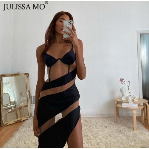 Julissa Mo Sexy V-Neck See Through Mesh Bodycon Dress Summer Straps Asymmetrial Dresses 2020 Black Women Backless Party Vestidos