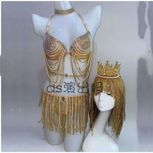 Golden Bright Diamond Tassel Wig Nightclub Bar DS Performance Costume Rhinestone Tassel Bikini Suit Female Singer Party Outfit