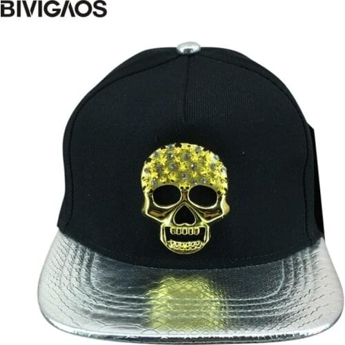 Men Swag Metal Skull Rhinestone Black Baseball Caps Snakeskin Leather Brim Punk Rock Hip Hop Cap Snapback Hats Sun Hat Men Women