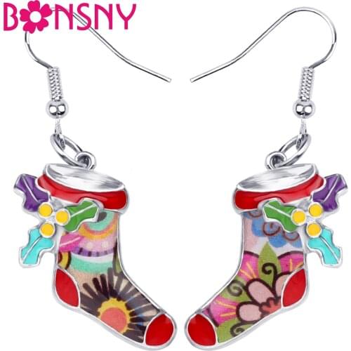 Bonsny Statement Enamel Alloy Christmas Socks Earrings Big Drop Dangle Fashion Jewelry For Women Girls Teens Hot Year Gift Party
