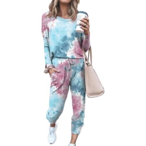 2Pcs Women pant suits Tie Dye Jogger Suit Long Sleeve Round Neck Pants Sleepwear Loungewear two piece set vetement femme 2021