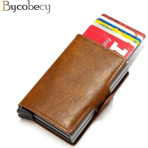 Bycobecy 2021 Card Holder Wallet RFID Blocking Double Metal Box Credit Card Aluminium Leather Business Card Case Wallet Purse