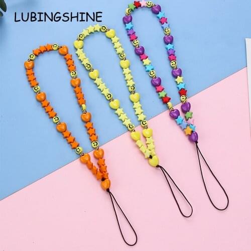 New Colorful Acrylic Heart Smile Face Beads Chain Necklace Chain Beads Anti-lost Cord Mobile Phone Lanyard for Girls Women
