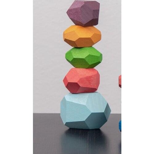 Wooden Colorful Stone Building Block Stacking Game Toy Block Construction Jenga Toys For Children Wooden balancing stones