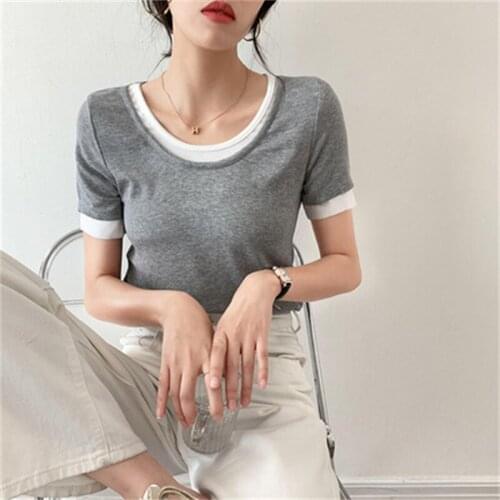 Fake Two-piece Threaded Short-sleeved T-shirt Womens Summer 2021 New Style Design Elasticity T-shirt Small Shirt Top Tide