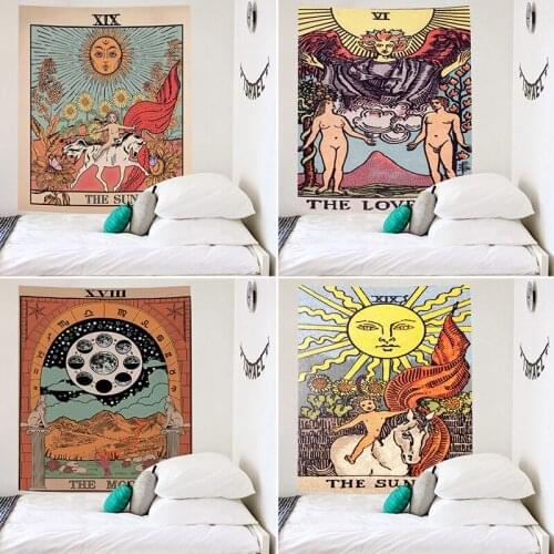 Mandala Tarot Card Tapestry Wall Hanging Sun Moon Tapestries Bedroom Bedspread Throw Cover Home Wall Decor Cloth Ceiling 95x73CM