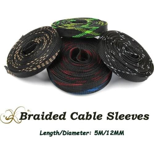 5M 12mm Insulation Braided Sleeving Tight PET Expandable Cable Sleeves 5 Colors Wire Wrapper Gland Cables Protection