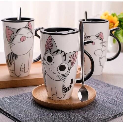 Cute Cat Ceramic Mug With Lid Cartoon Milk Coffee Tea Cup Animal Ceramic Mugs Children Gift Large Capacity 600ml