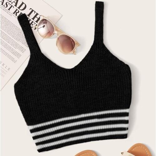 Summer Women Beautiful Back Knit V-neck Suspender Wrap Chest Hit Color Striped Halter Short Sweater Vest With Tops Outside