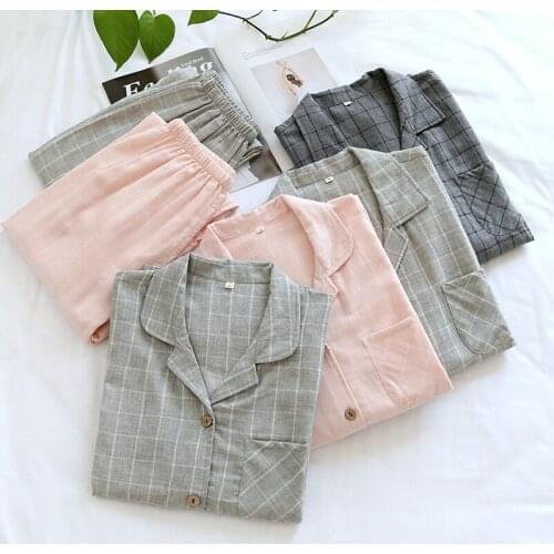 Double Gauze Knitted Cotton Pajamas For Couple Homewear Spring Summer Breathable Soft Home Clothes Female Plaid Pyjamas Homewear