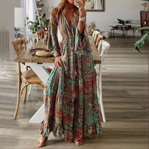 Vintage Women 2021 Autumn V Neck Party Dress Elegant Floral Printing Long Sleeve Ladies Dress Casual Loose Dress 3XL Streetwear