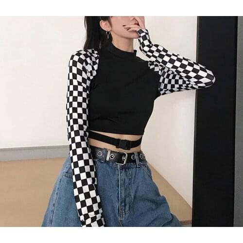 Y2k Women Casual Long Sleeve T-shirt Fashion Plaid Stitching Release Buckle Exposed Navel Tops for Shopping Vacation Beach