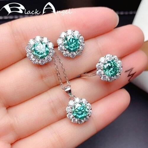 BLACK ANGEL Silver 8 Hearts 8 Arrows Jewelry Set Inlaid Moissanite Gemstone Women Earrings Necklace Resizable Ring