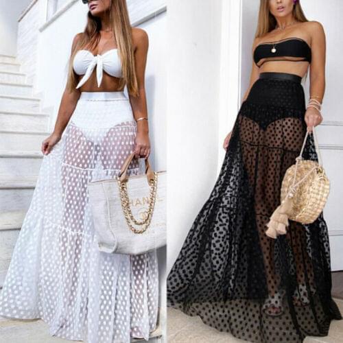 Womens Bikini Cover Ups Long Skirts 2020Summer Fashion Sexy Mesh Sheer See Through High Waist Polka Dotted Tutu Skirt Beachwear