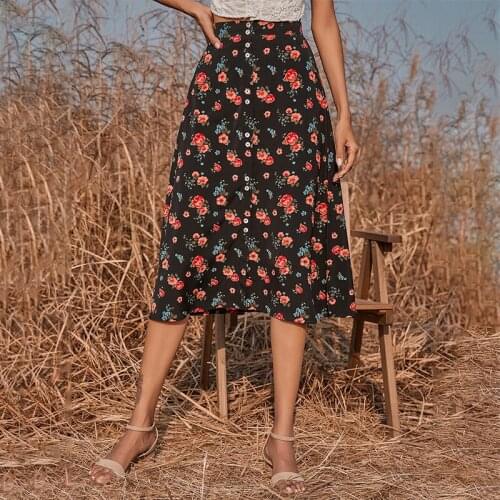 High Waist Retro Vintage Boho Skirt For Women Floral Print Button Front Summer Casual Beach Holiday Korean Casual Beach Skater