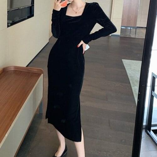 Woman Dresses Womens Autumn and Winter Square Collar Bow Mid-Length Dress Vestido De Mujer Femme Robe