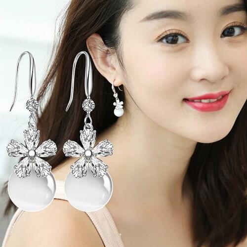 Fashion cats eye stone zircon diamonds gemstones drop earrings for women white gold silver color jewelry bijoux accessories