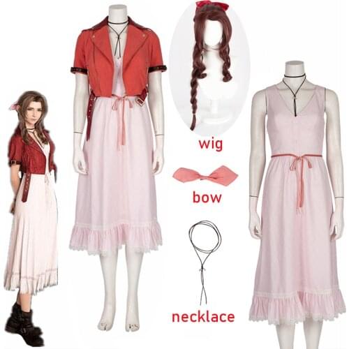 Women Girls Final Fantasy VII Aeris Cosplay FF7 Aerith Cosplay Costume Brand Game Cosplay Dress Full Set for Halloween Party