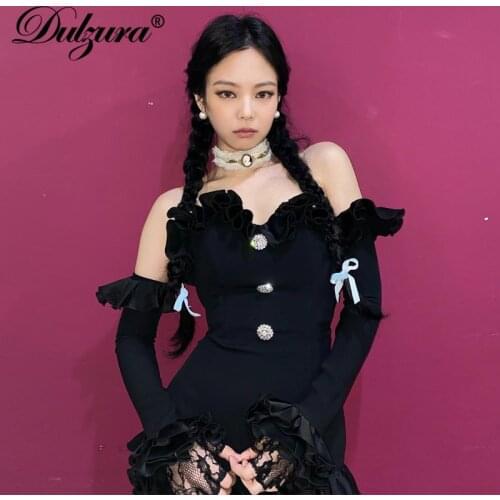 Dulzura ruffle button women bodysuit off shoulder elegant long sleeve bodycon sexy streetwear romper 2020 autumn winter body