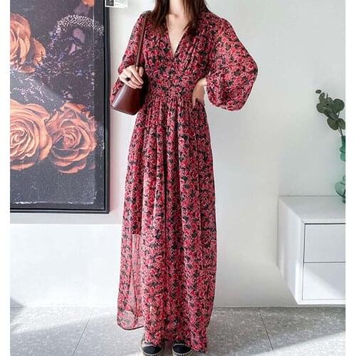Women Long Sleeve V Neck Maxi Chiffon Dress Printed Fashion Casual Vestidos Floor Length Summer Beach Long Dresses F129